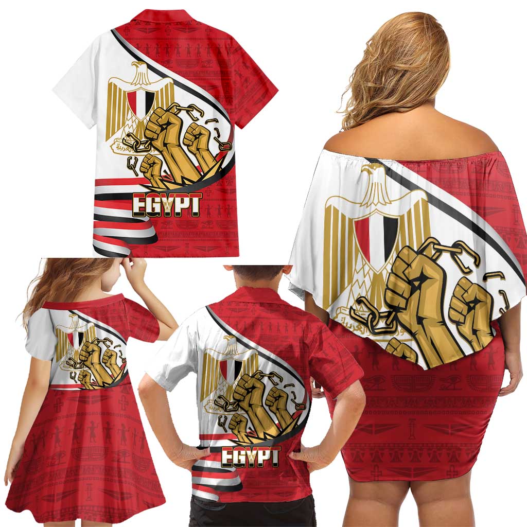 Egypt Revolution Day Family Matching Off Shoulder Short Dress and Hawaiian Shirt Coat of Arms Egyptian Pattern