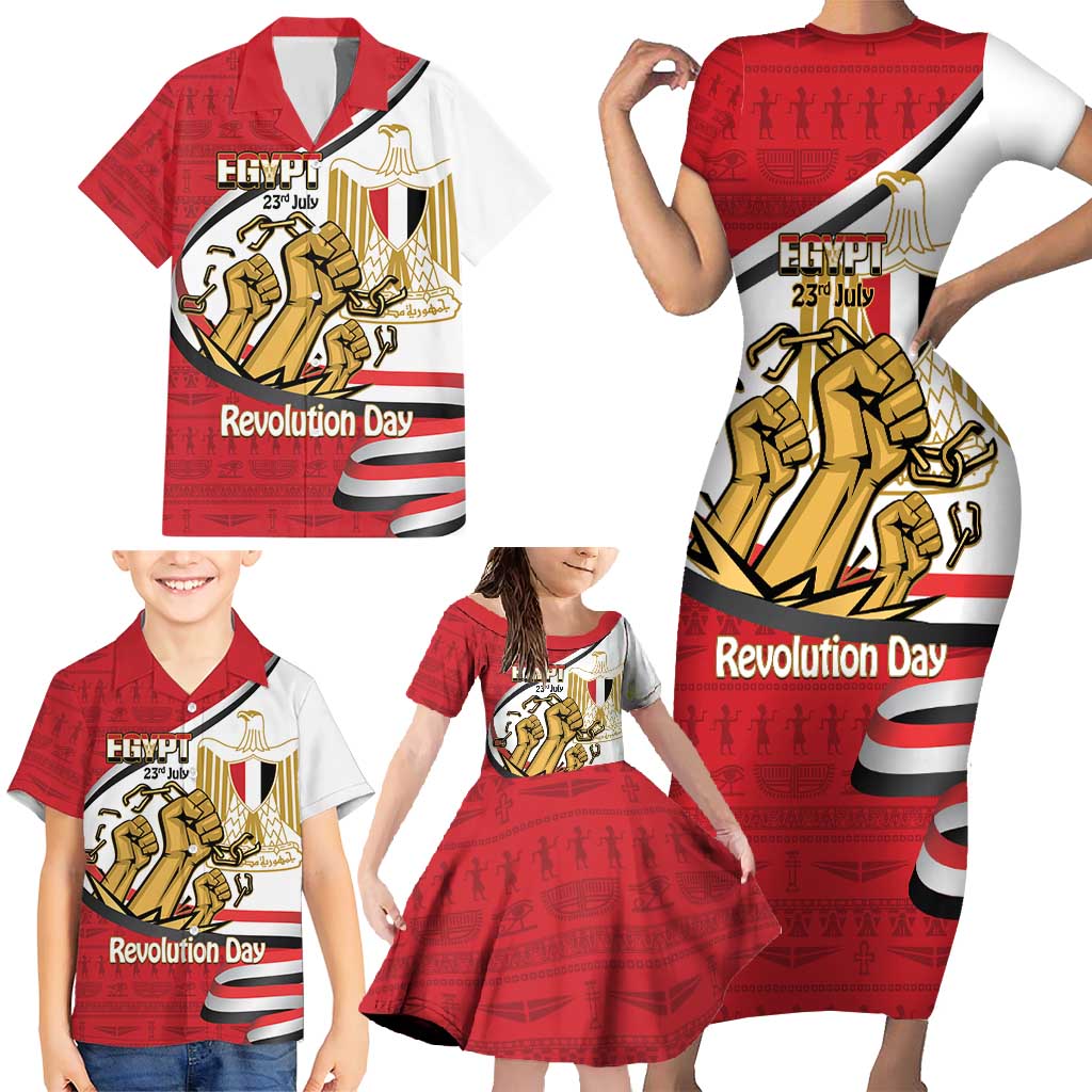 Egypt Revolution Day Family Matching Short Sleeve Bodycon Dress and Hawaiian Shirt Coat of Arms Egyptian Pattern