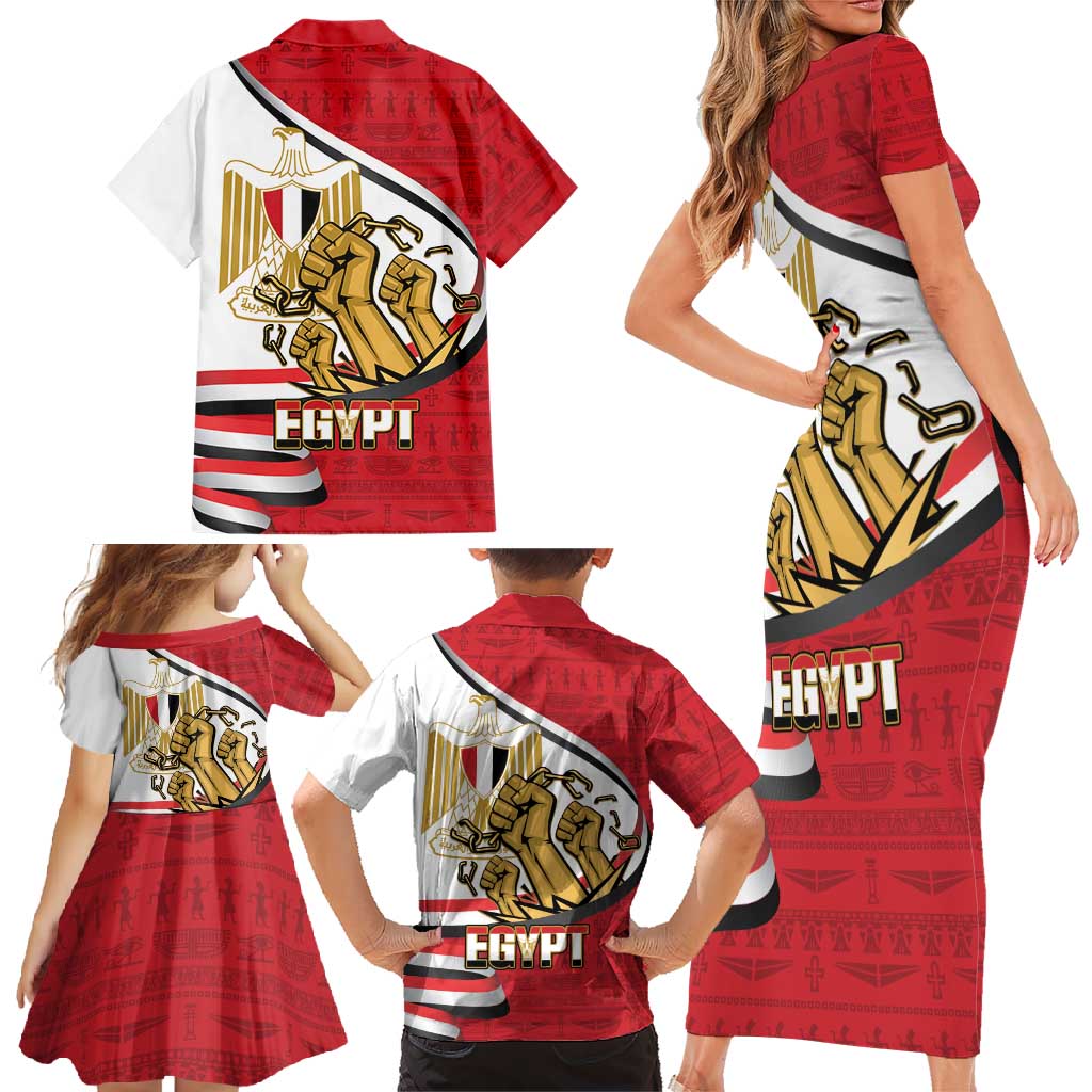 Egypt Revolution Day Family Matching Short Sleeve Bodycon Dress and Hawaiian Shirt Coat of Arms Egyptian Pattern