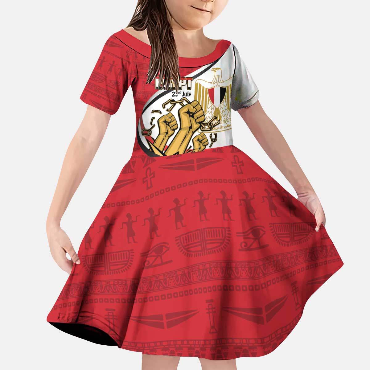 Egypt Revolution Day Kid Short Sleeve Dress Coat of Arms Egyptian Pattern