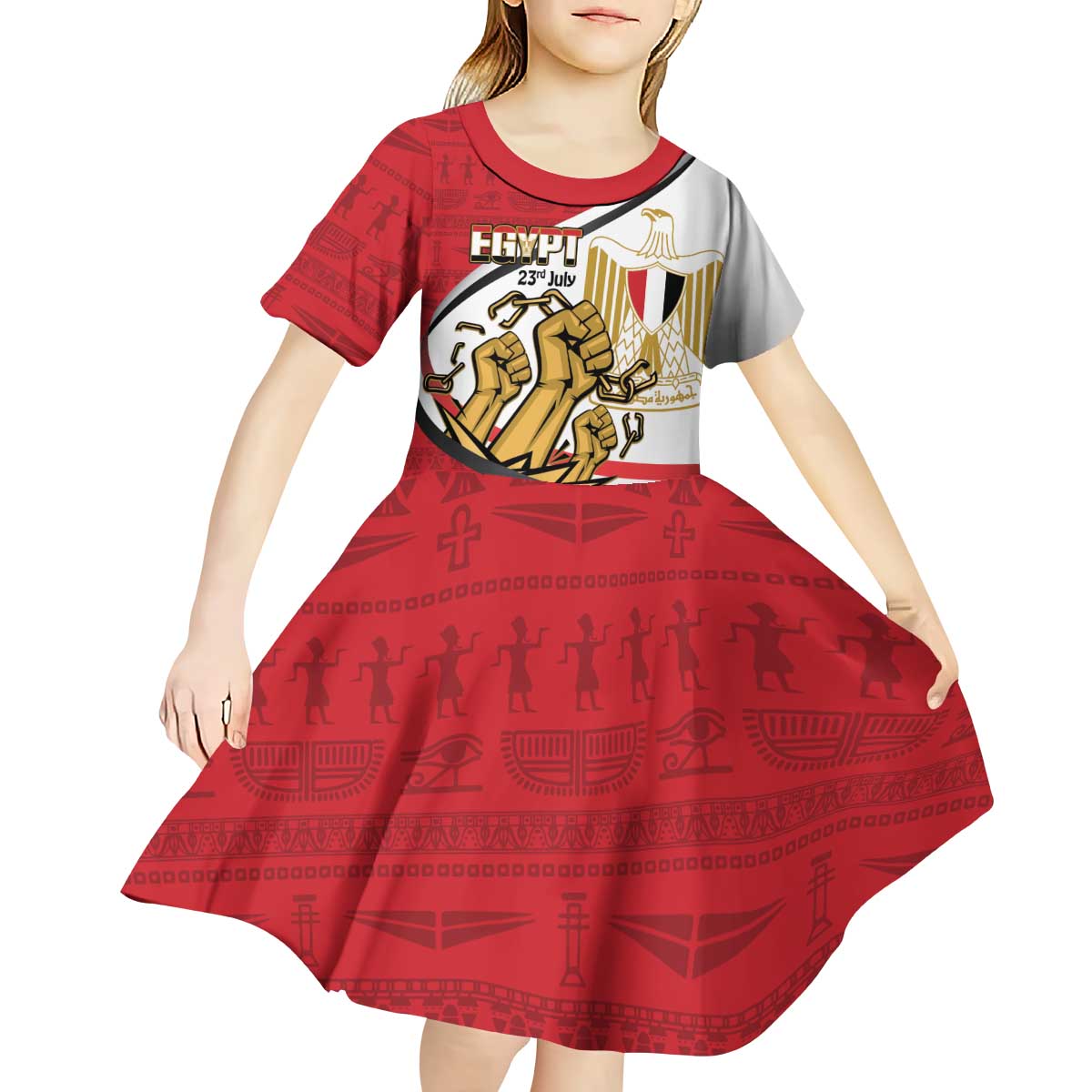 Egypt Revolution Day Kid Short Sleeve Dress Coat of Arms Egyptian Pattern