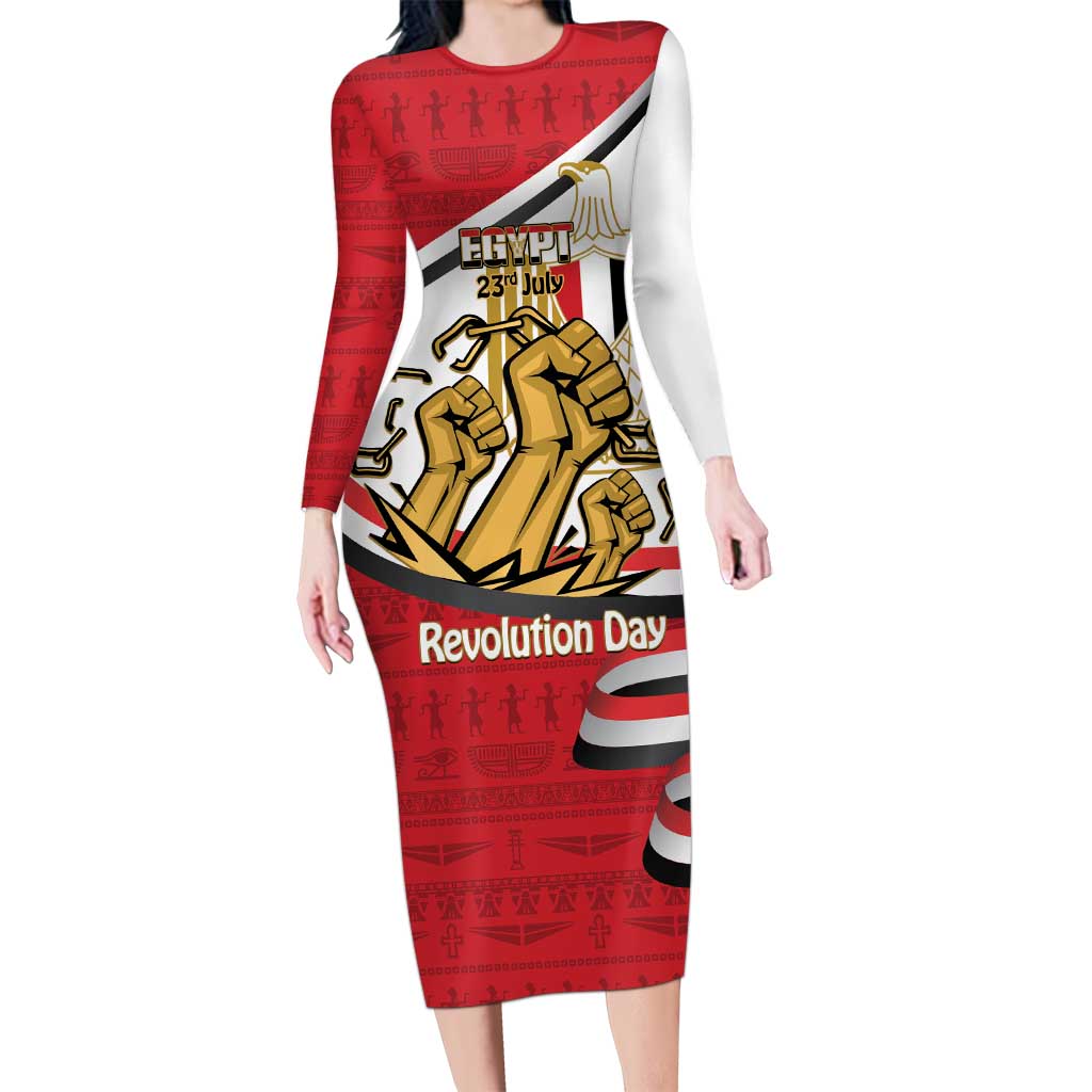 Egypt Revolution Day Long Sleeve Bodycon Dress Coat of Arms Egyptian Pattern