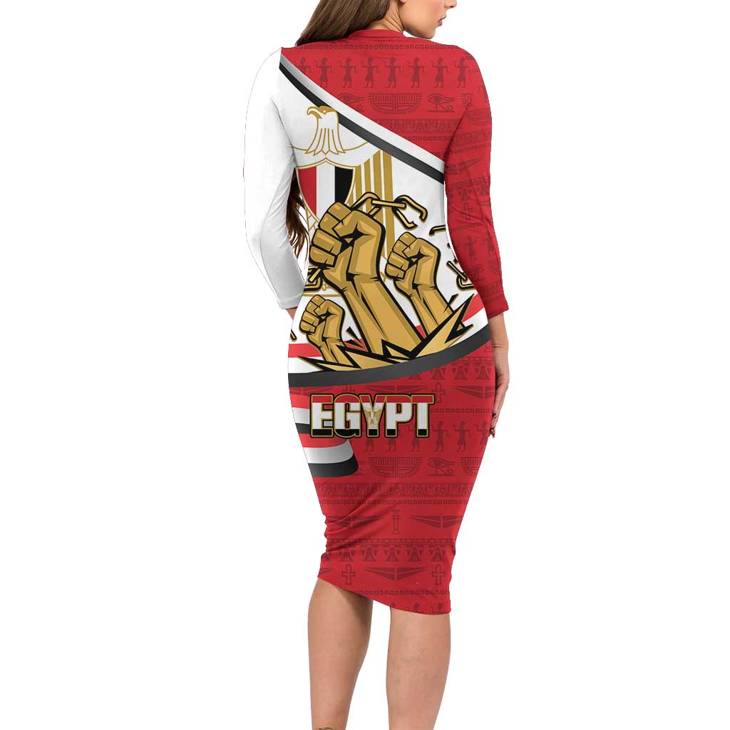 Egypt Revolution Day Long Sleeve Bodycon Dress Coat of Arms Egyptian Pattern