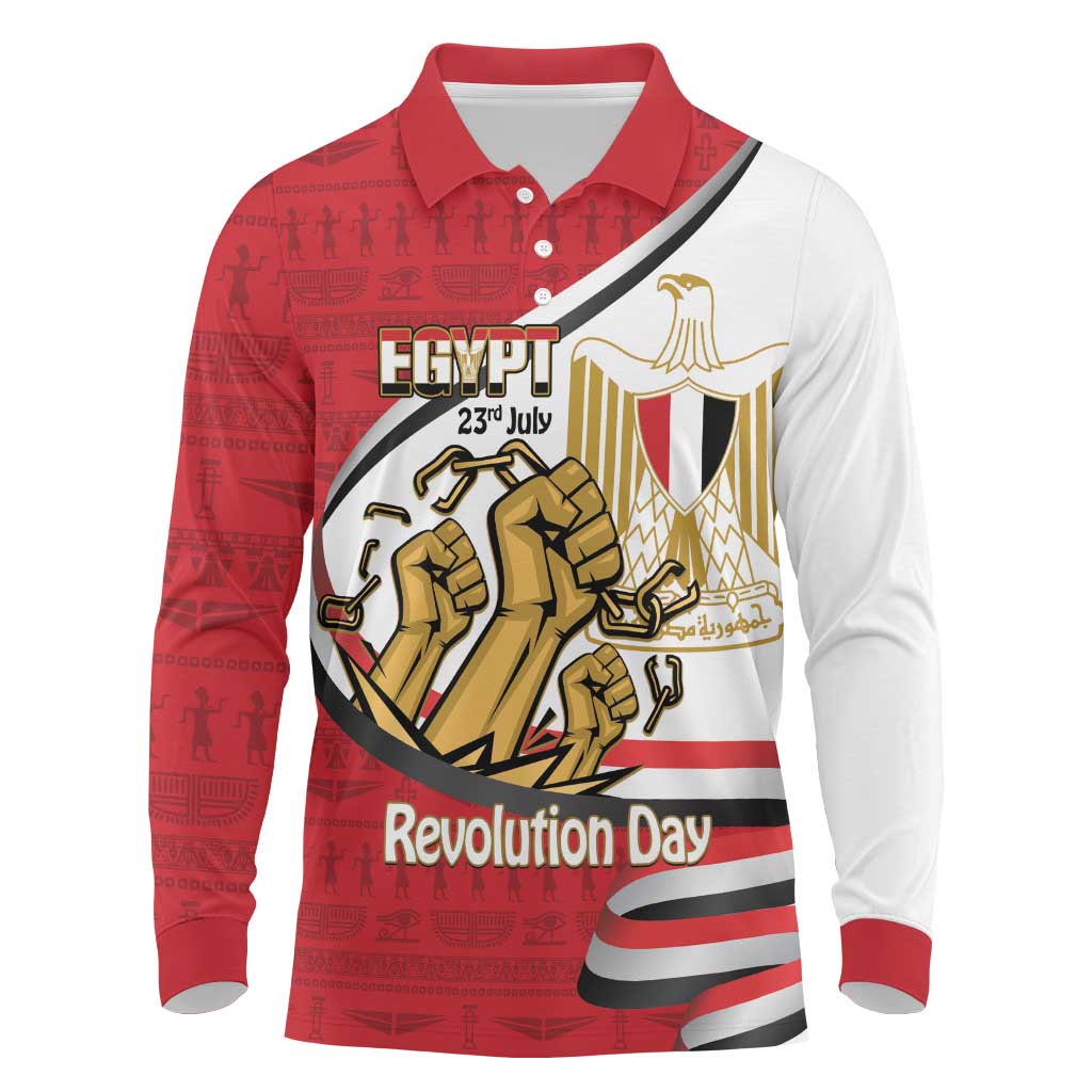 Egypt Revolution Day Long Sleeve Polo Shirt Coat of Arms Egyptian Pattern