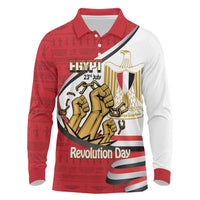Egypt Revolution Day Long Sleeve Polo Shirt Coat of Arms Egyptian Pattern