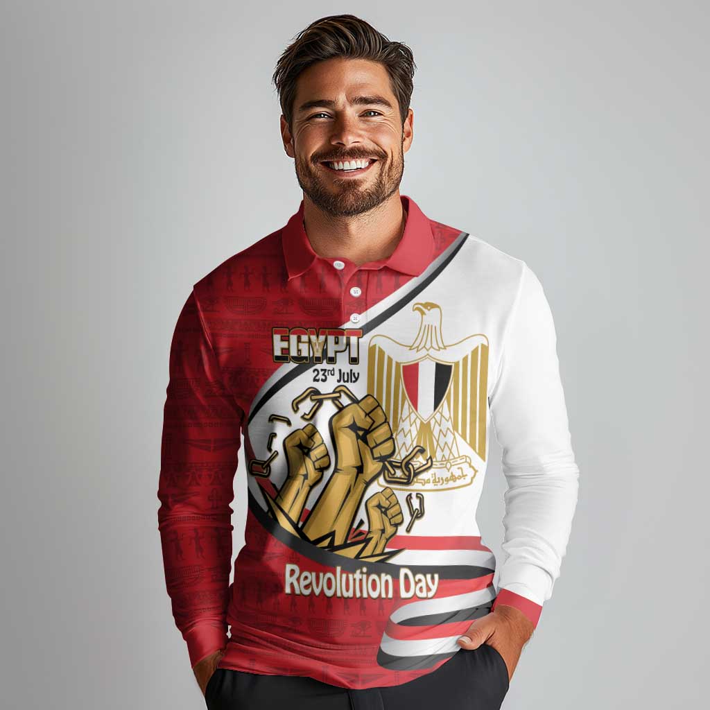 Egypt Revolution Day Long Sleeve Polo Shirt Coat of Arms Egyptian Pattern