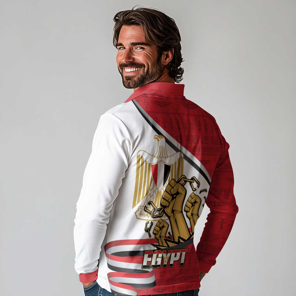 Egypt Revolution Day Long Sleeve Polo Shirt Coat of Arms Egyptian Pattern