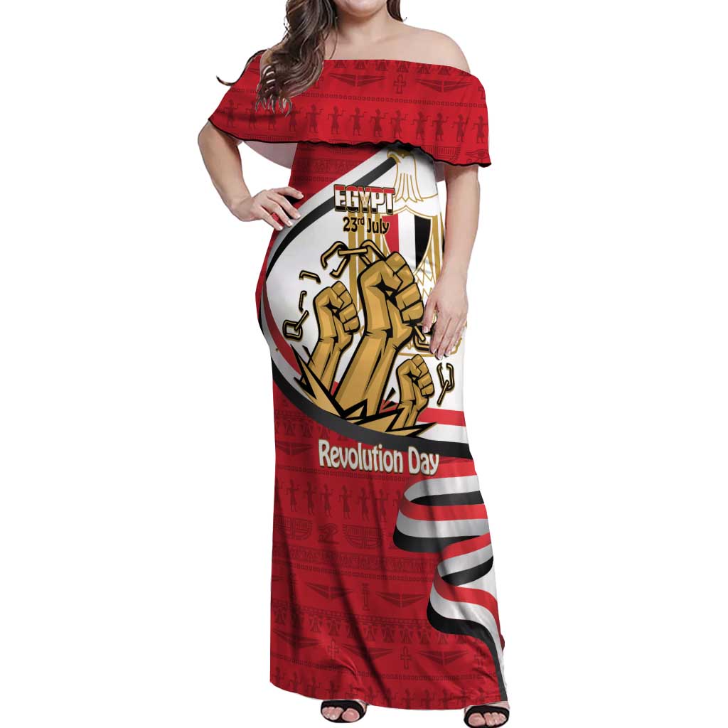 Egypt Revolution Day Off Shoulder Maxi Dress Coat of Arms Egyptian Pattern