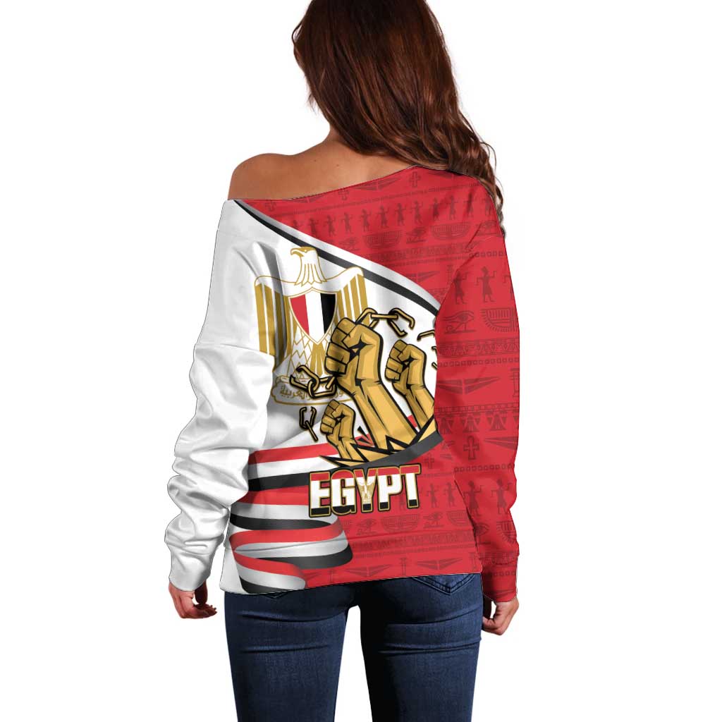 Egypt Revolution Day Off Shoulder Sweater Coat of Arms Egyptian Pattern
