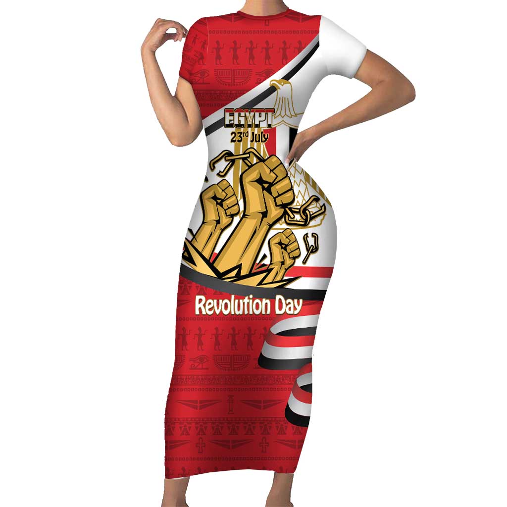 Egypt Revolution Day Short Sleeve Bodycon Dress Coat of Arms Egyptian Pattern