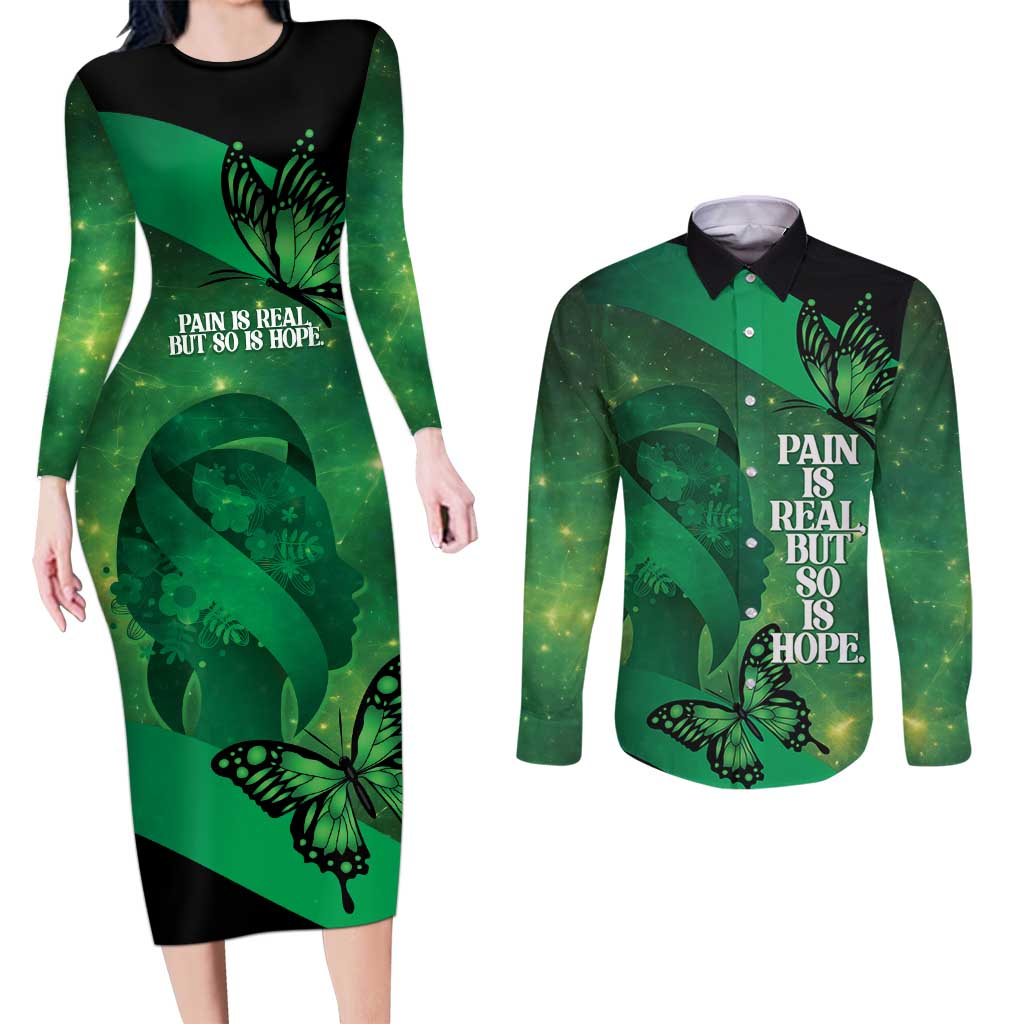 Personalised World Mental Health Awareness Month Couples Matching Long Sleeve Bodycon Dress and Long Sleeve Button Shirt Warriors Brave Strong Galaxy Vibes