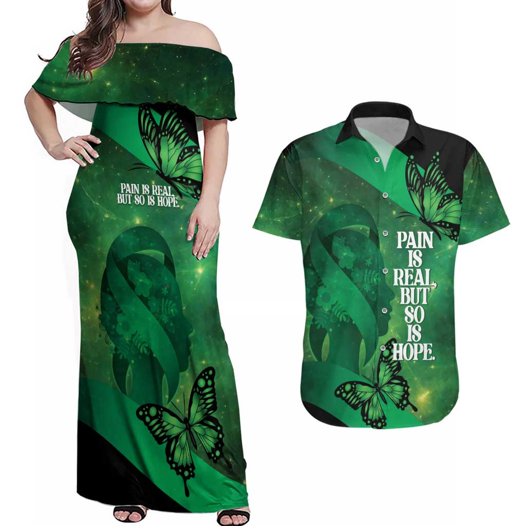 Personalised World Mental Health Awareness Month Couples Matching Off Shoulder Maxi Dress and Hawaiian Shirt Warriors Brave Strong Galaxy Vibes