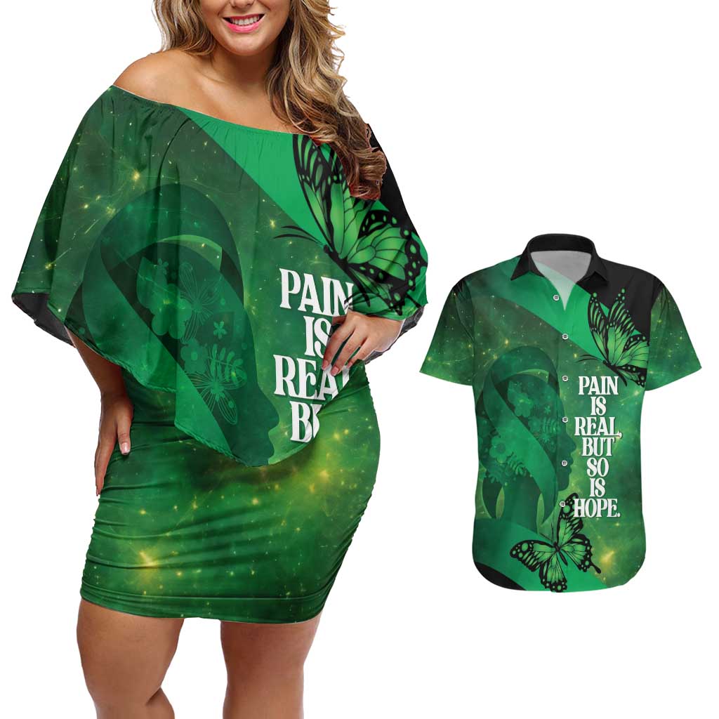 Personalised World Mental Health Awareness Month Couples Matching Off Shoulder Short Dress and Hawaiian Shirt Warriors Brave Strong Galaxy Vibes