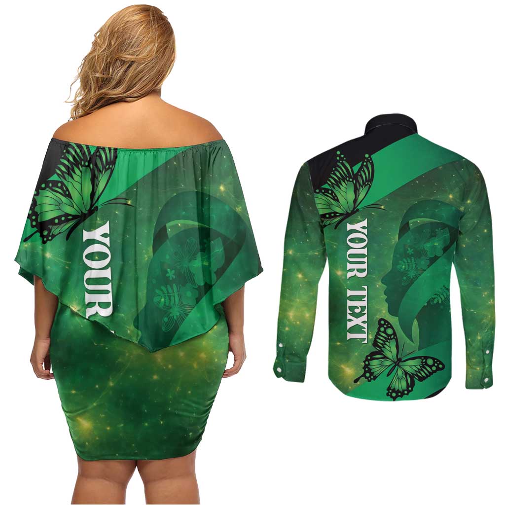 Personalised World Mental Health Awareness Month Couples Matching Off Shoulder Short Dress and Long Sleeve Button Shirt Warriors Brave Strong Galaxy Vibes
