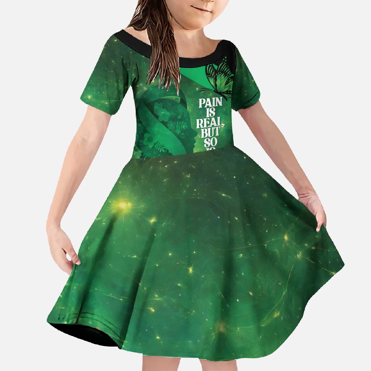 Personalised World Mental Health Awareness Month Family Matching Off The Shoulder Long Sleeve Dress and Hawaiian Shirt Warriors Brave Strong Galaxy Vibes