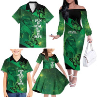 Personalised World Mental Health Awareness Month Family Matching Off The Shoulder Long Sleeve Dress and Hawaiian Shirt Warriors Brave Strong Galaxy Vibes