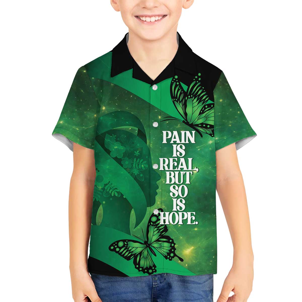 Personalised World Mental Health Awareness Month Family Matching Off The Shoulder Long Sleeve Dress and Hawaiian Shirt Warriors Brave Strong Galaxy Vibes