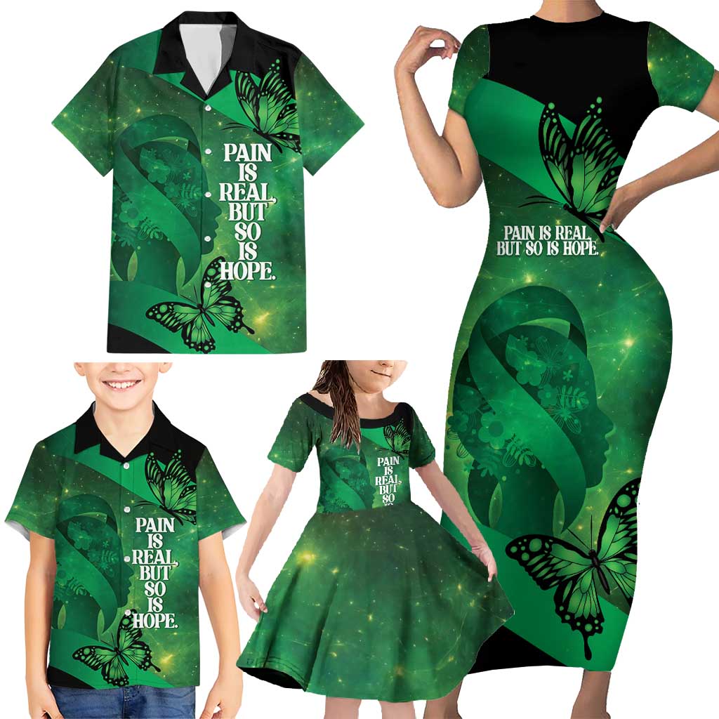 Personalised World Mental Health Awareness Month Family Matching Short Sleeve Bodycon Dress and Hawaiian Shirt Warriors Brave Strong Galaxy Vibes