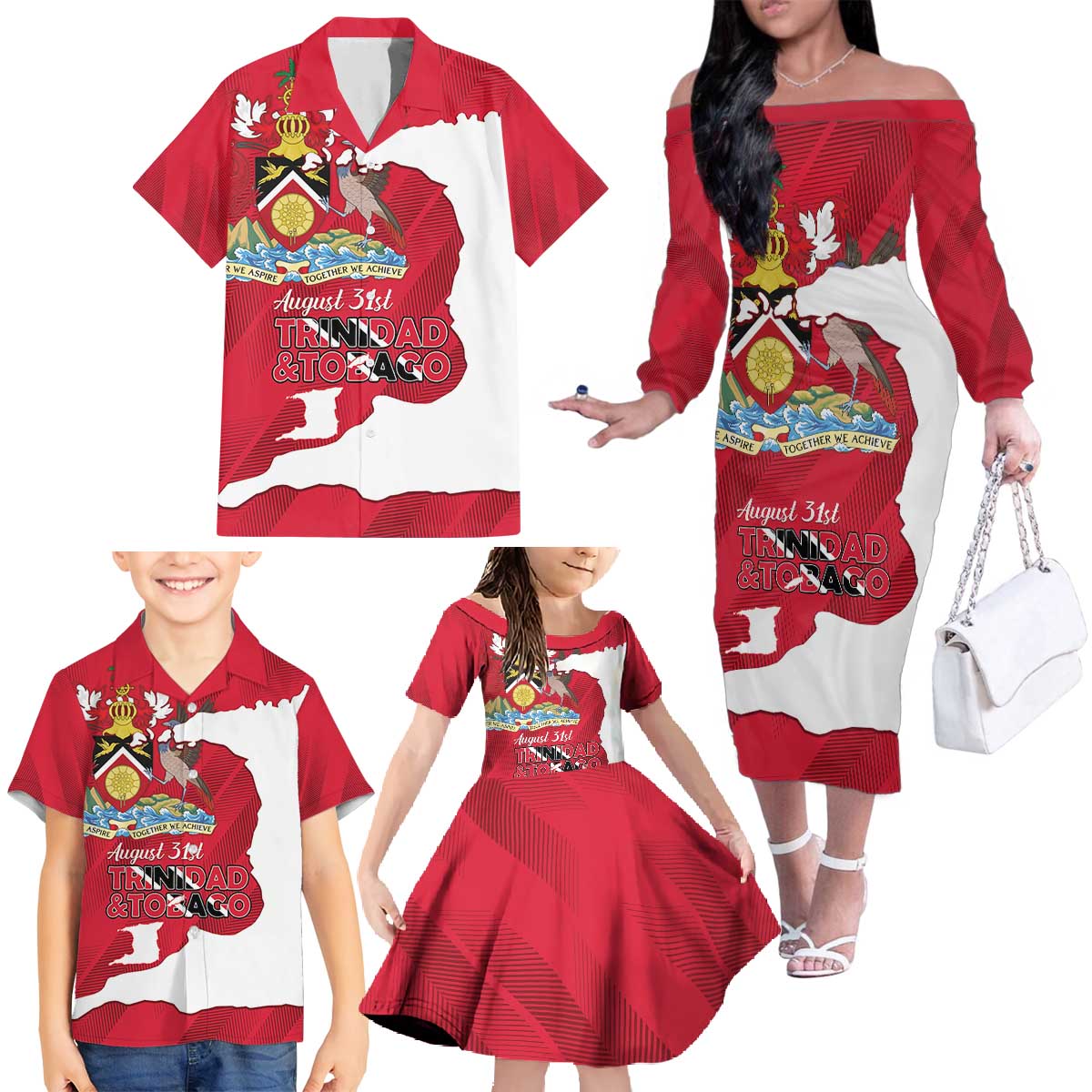 Personalized Trinidad and Tobago Independence Day Family Matching Off The Shoulder Long Sleeve Dress and Hawaiian Shirt August 31st Proud - Wonder Print Shop