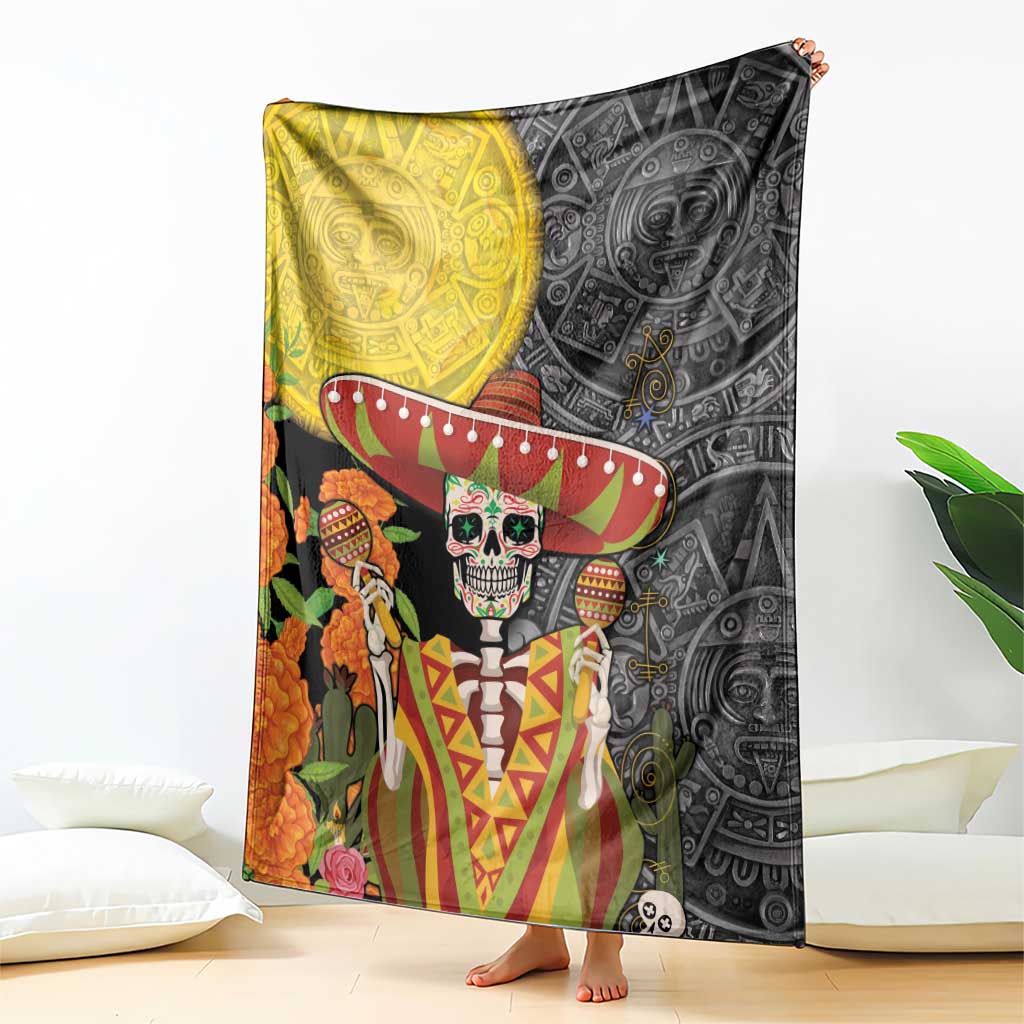 Mexico Dia De Los Muertos Blanket Sugar Skull Sombrero Aztec Pattern
