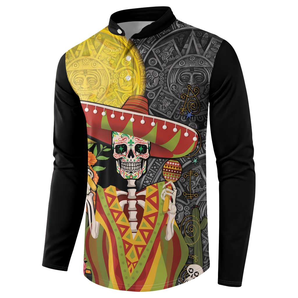 Mexico Dia De Los Muertos Button Sweatshirt Sugar Skull Sombrero Aztec Pattern - Wonder Print Shop