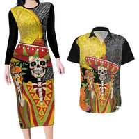 Mexico Dia De Los Muertos Couples Matching Long Sleeve Bodycon Dress and Hawaiian Shirt Sugar Skull Sombrero Aztec Pattern - Wonder Print Shop