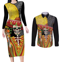 Mexico Dia De Los Muertos Couples Matching Long Sleeve Bodycon Dress and Long Sleeve Button Shirt Sugar Skull Sombrero Aztec Pattern - Wonder Print Shop