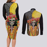 Mexico Dia De Los Muertos Couples Matching Long Sleeve Bodycon Dress and Long Sleeve Button Shirt Sugar Skull Sombrero Aztec Pattern - Wonder Print Shop