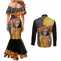 Mexico Dia De Los Muertos Couples Matching Mermaid Dress and Long Sleeve Button Shirt Sugar Skull Sombrero Aztec Pattern