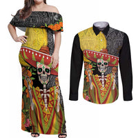 Mexico Dia De Los Muertos Couples Matching Off Shoulder Maxi Dress and Long Sleeve Button Shirt Sugar Skull Sombrero Aztec Pattern - Wonder Print Shop