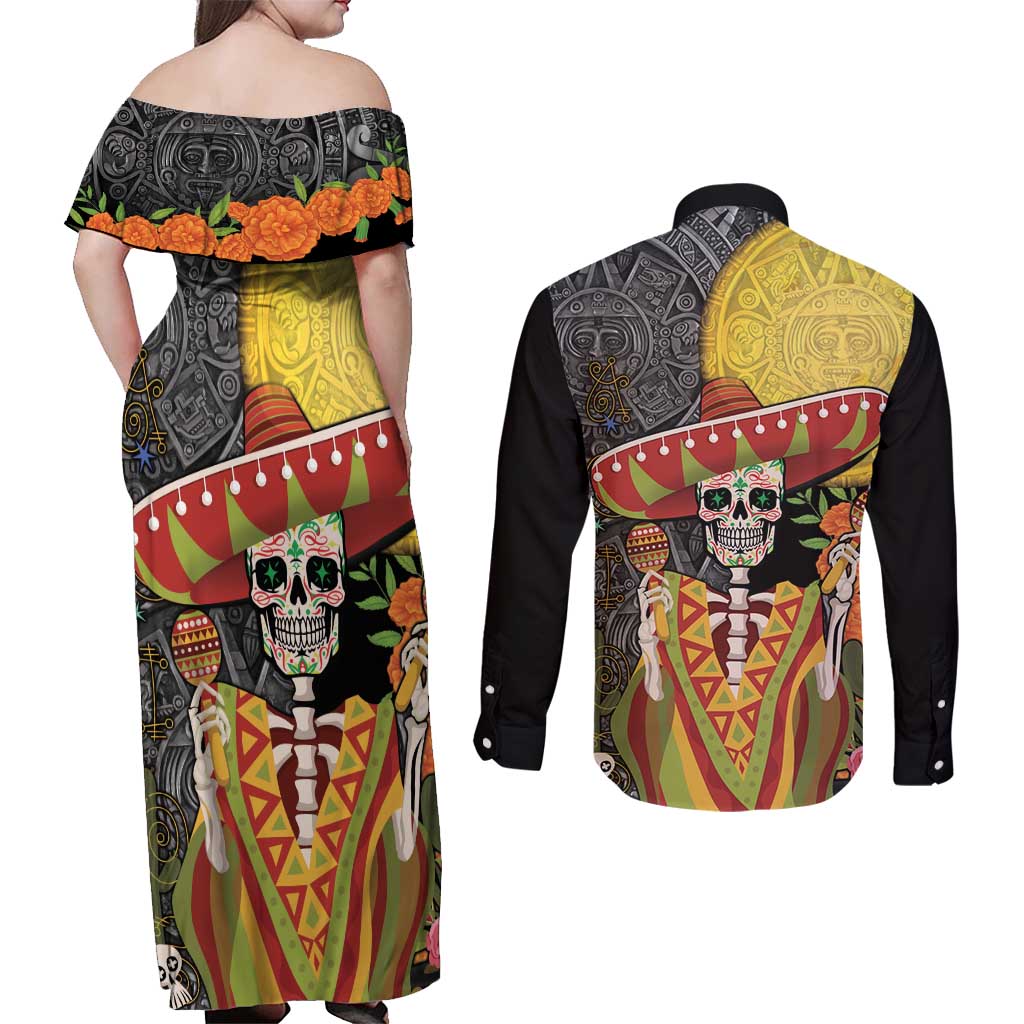 Mexico Dia De Los Muertos Couples Matching Off Shoulder Maxi Dress and Long Sleeve Button Shirt Sugar Skull Sombrero Aztec Pattern - Wonder Print Shop