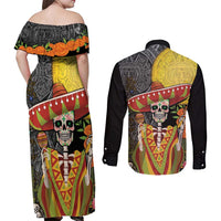 Mexico Dia De Los Muertos Couples Matching Off Shoulder Maxi Dress and Long Sleeve Button Shirt Sugar Skull Sombrero Aztec Pattern - Wonder Print Shop