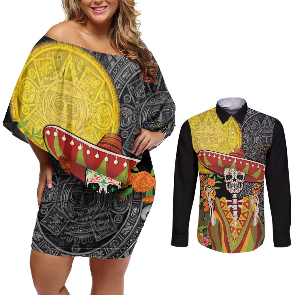 Mexico Dia De Los Muertos Couples Matching Off Shoulder Short Dress and Long Sleeve Button Shirt Sugar Skull Sombrero Aztec Pattern - Wonder Print Shop