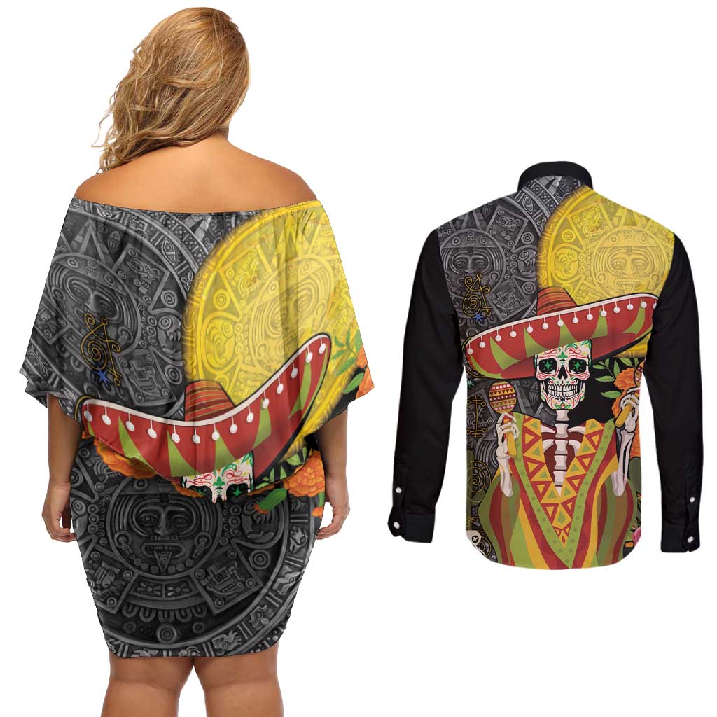 Mexico Dia De Los Muertos Couples Matching Off Shoulder Short Dress and Long Sleeve Button Shirt Sugar Skull Sombrero Aztec Pattern - Wonder Print Shop