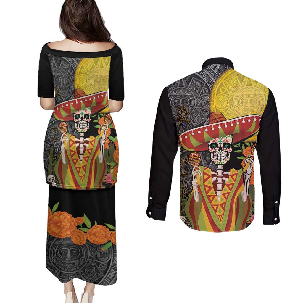 Mexico Dia De Los Muertos Couples Matching Puletasi and Long Sleeve Button Shirt Sugar Skull Sombrero Aztec Pattern - Wonder Print Shop