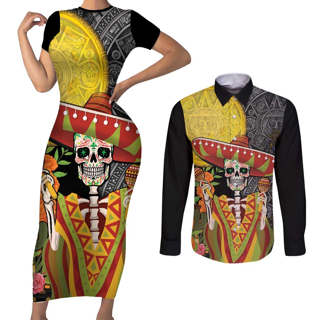 Mexico Dia De Los Muertos Couples Matching Short Sleeve Bodycon Dress and Long Sleeve Button Shirt Sugar Skull Sombrero Aztec Pattern - Wonder Print Shop