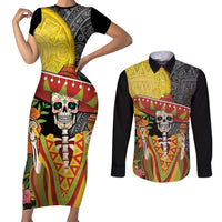 Mexico Dia De Los Muertos Couples Matching Short Sleeve Bodycon Dress and Long Sleeve Button Shirt Sugar Skull Sombrero Aztec Pattern - Wonder Print Shop