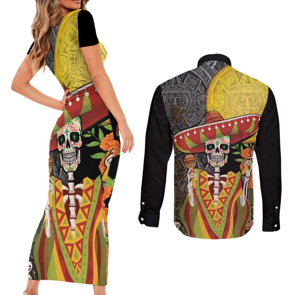 Mexico Dia De Los Muertos Couples Matching Short Sleeve Bodycon Dress and Long Sleeve Button Shirt Sugar Skull Sombrero Aztec Pattern - Wonder Print Shop