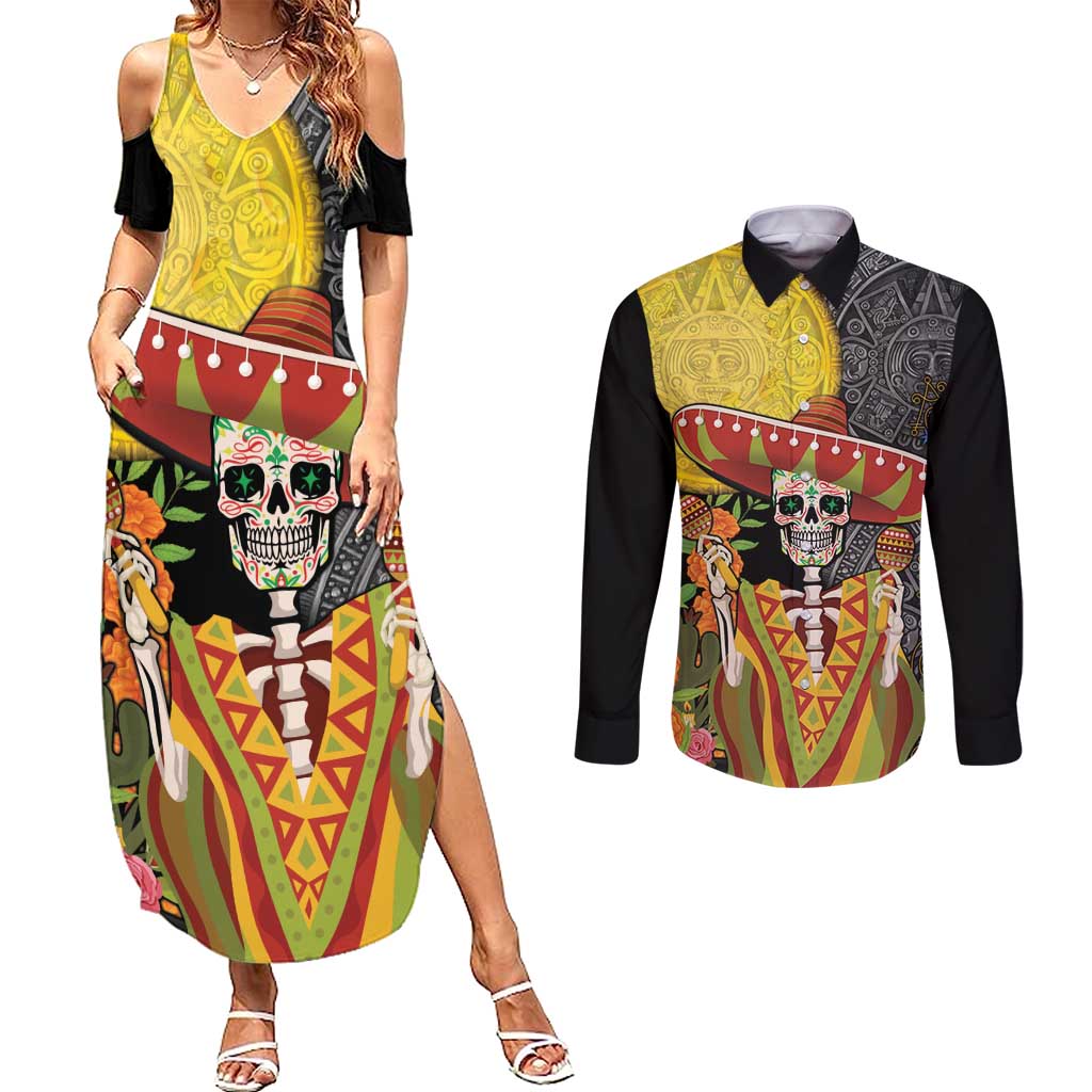 Mexico Dia De Los Muertos Couples Matching Summer Maxi Dress and Long Sleeve Button Shirt Sugar Skull Sombrero Aztec Pattern - Wonder Print Shop