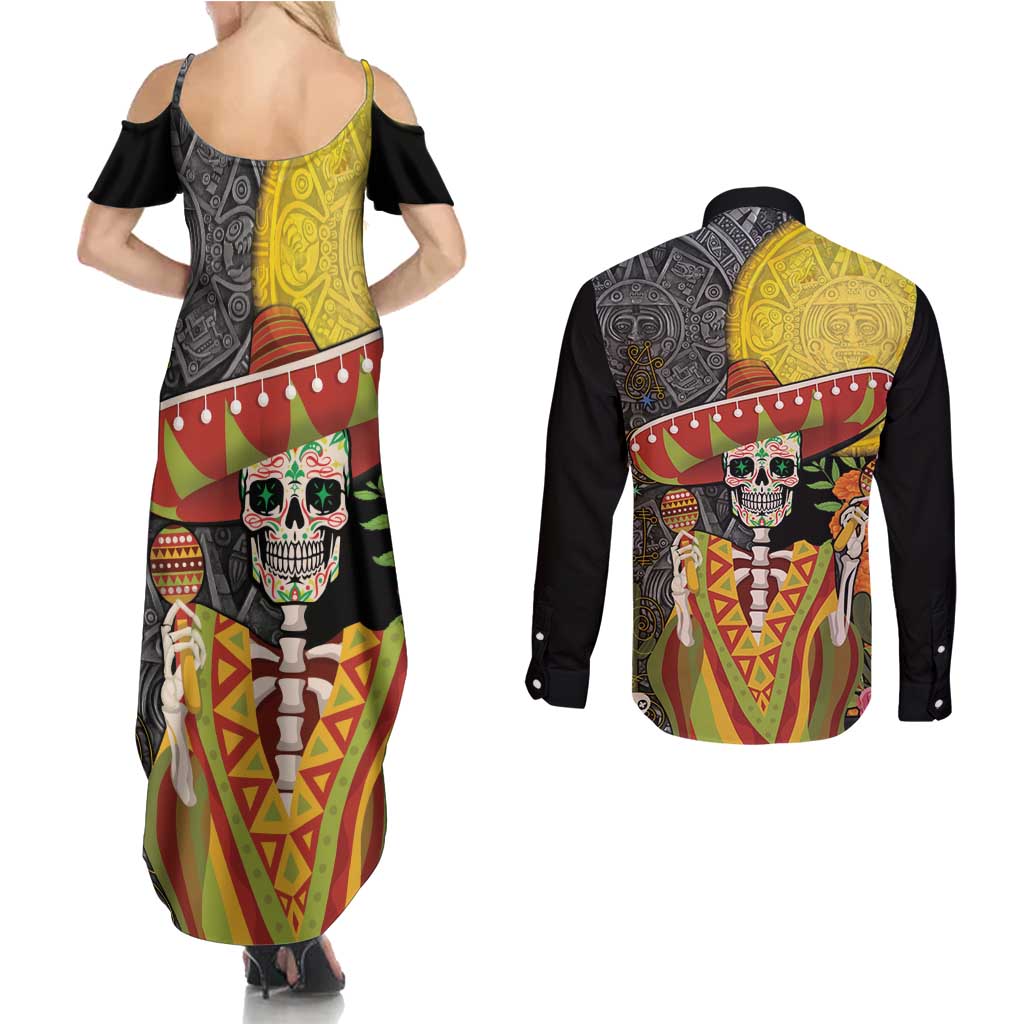 Mexico Dia De Los Muertos Couples Matching Summer Maxi Dress and Long Sleeve Button Shirt Sugar Skull Sombrero Aztec Pattern - Wonder Print Shop