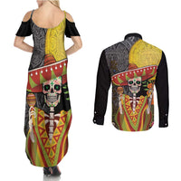 Mexico Dia De Los Muertos Couples Matching Summer Maxi Dress and Long Sleeve Button Shirt Sugar Skull Sombrero Aztec Pattern - Wonder Print Shop