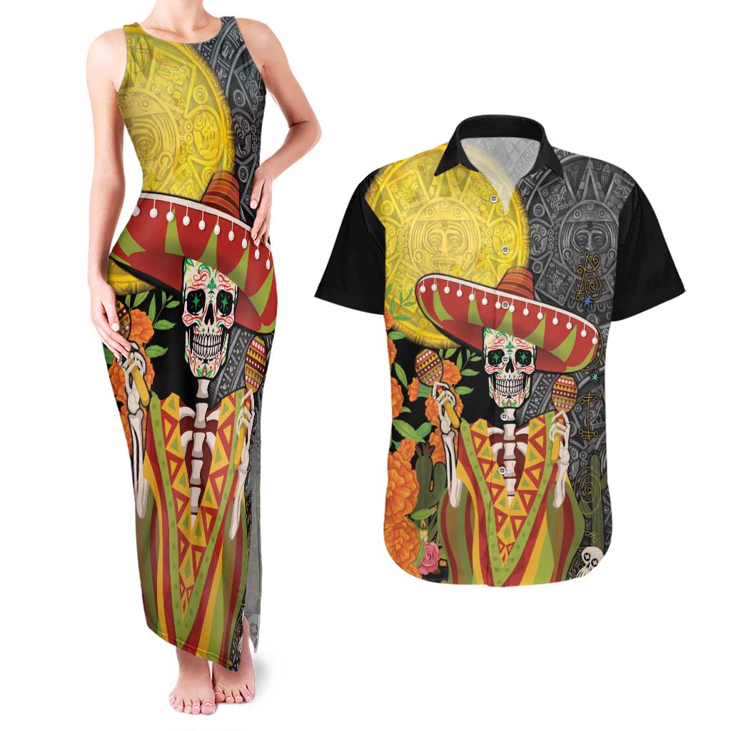 Mexico Dia De Los Muertos Couples Matching Tank Maxi Dress and Hawaiian Shirt Sugar Skull Sombrero Aztec Pattern - Wonder Print Shop