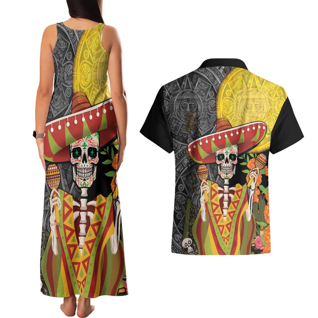 Mexico Dia De Los Muertos Couples Matching Tank Maxi Dress and Hawaiian Shirt Sugar Skull Sombrero Aztec Pattern - Wonder Print Shop