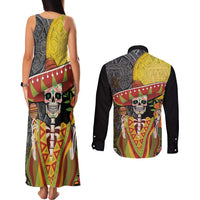 Mexico Dia De Los Muertos Couples Matching Tank Maxi Dress and Long Sleeve Button Shirt Sugar Skull Sombrero Aztec Pattern - Wonder Print Shop