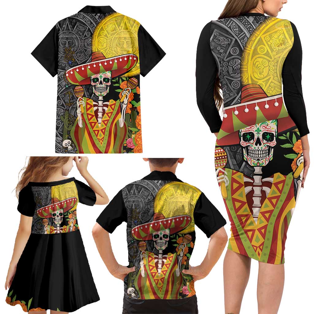 Mexico Dia De Los Muertos Family Matching Long Sleeve Bodycon Dress and Hawaiian Shirt Sugar Skull Sombrero Aztec Pattern - Wonder Print Shop
