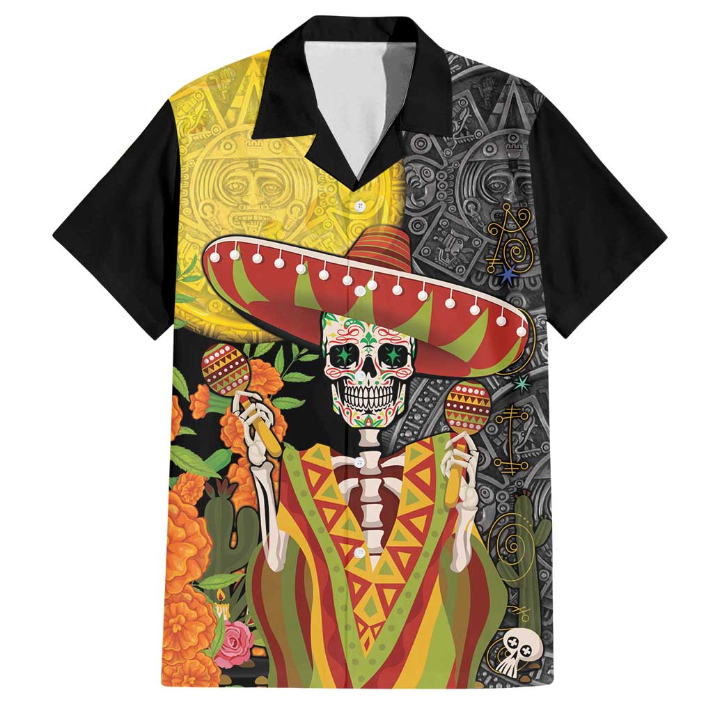 Mexico Dia De Los Muertos Family Matching Long Sleeve Bodycon Dress and Hawaiian Shirt Sugar Skull Sombrero Aztec Pattern - Wonder Print Shop