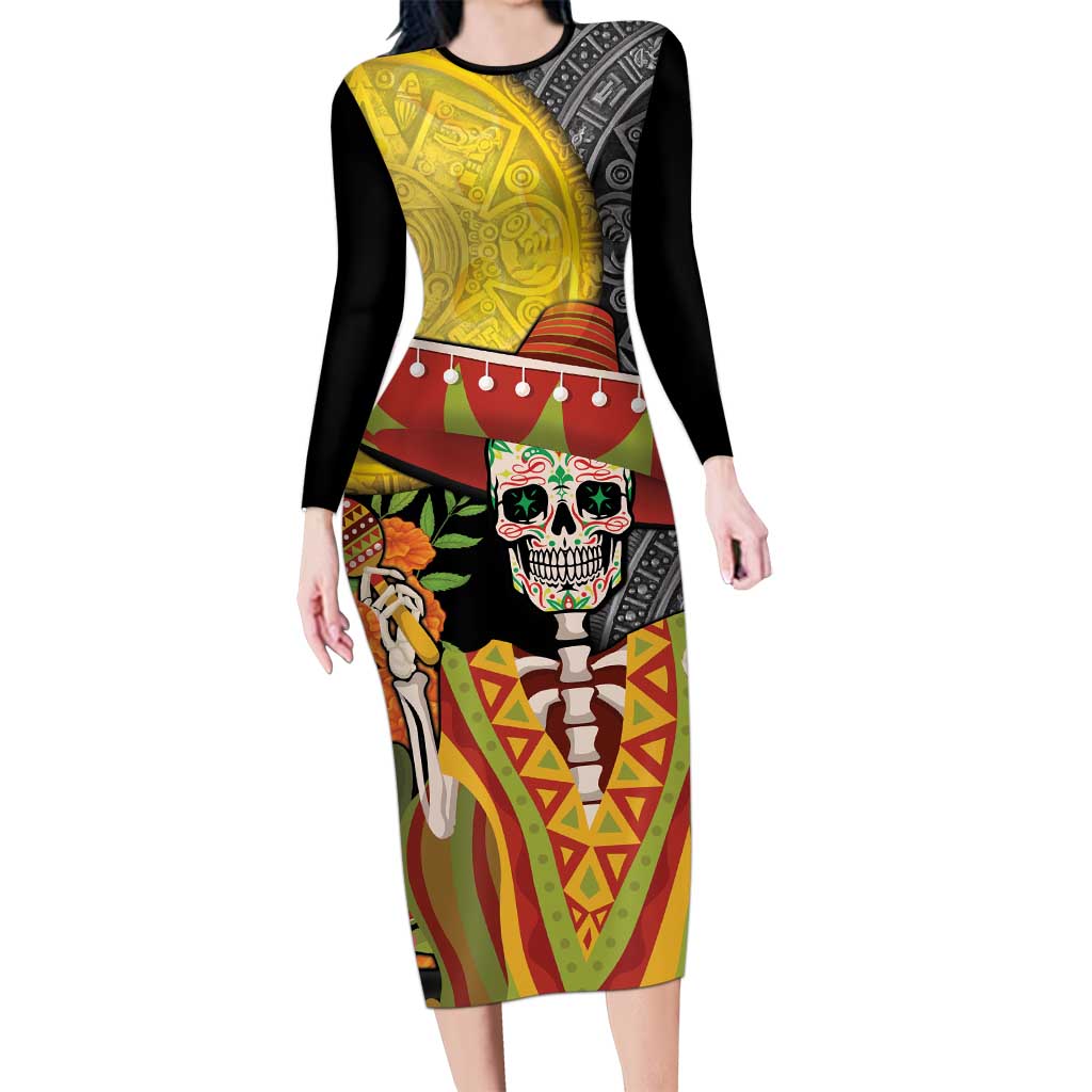 Mexico Dia De Los Muertos Family Matching Long Sleeve Bodycon Dress and Hawaiian Shirt Sugar Skull Sombrero Aztec Pattern - Wonder Print Shop