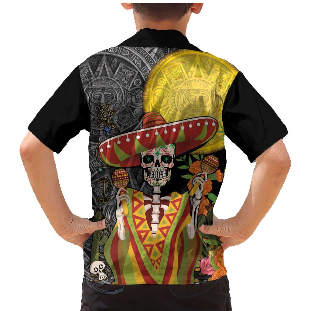 Mexico Dia De Los Muertos Family Matching Mermaid Dress and Hawaiian Shirt Sugar Skull Sombrero Aztec Pattern - Wonder Print Shop