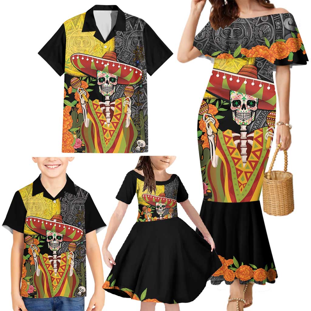 Mexico Dia De Los Muertos Family Matching Mermaid Dress and Hawaiian Shirt Sugar Skull Sombrero Aztec Pattern - Wonder Print Shop