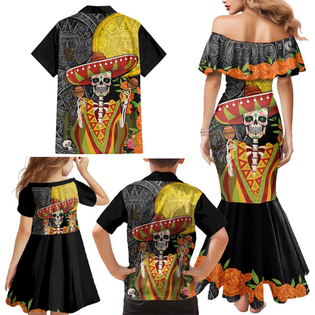 Mexico Dia De Los Muertos Family Matching Mermaid Dress and Hawaiian Shirt Sugar Skull Sombrero Aztec Pattern - Wonder Print Shop